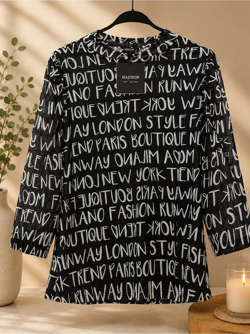 Madison Black Dress with White Script Print Long Sleeve